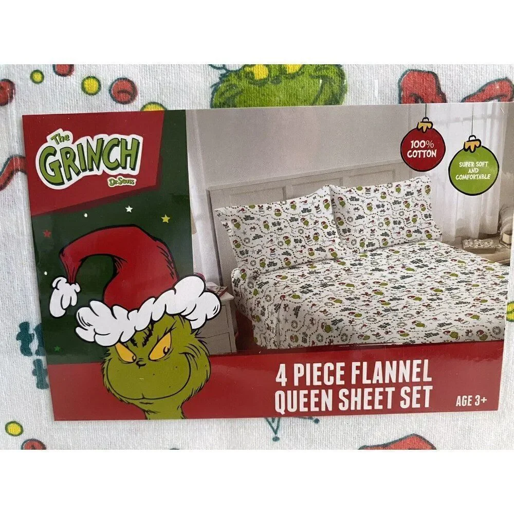 4 Pc Dr. Seuss The Grinch QUEEN Size Cotton Flannel Sheet Set Christmas Soft NEW